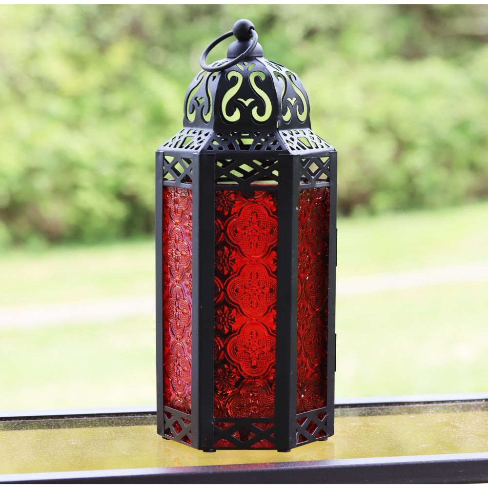 Moroccan Candle Lantern Holder - Decorative Metal & Glass Lantern with Embossed Floral Design for Indoor Home Decor, Garden, Patio, Weddings, Ramadan, Halloween & Holiday Celebrations - 10.5" Tall Medium Size