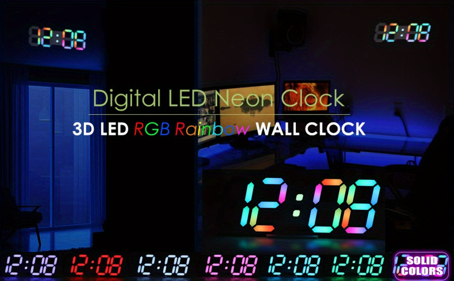 Digital Wall Clock RGB Neon LED 9.7" Large Display – Aesthetic Alarm Clock with Remote Control, Adjustable Brightness, Date & Temperature Display for Bedroom, Living Room, Office & Gym
