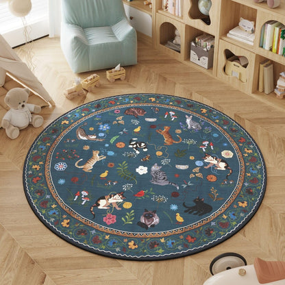 Boho Cat Floral Area Rug – Vintage Blue Animal Print Low Pile Carpet, Non-Slip Soft Rug for Living Room, Bedroom & Dining Room, Round & Runner Sizes, Easy Clean