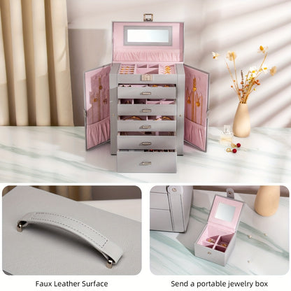 Jewelry Box 6 Tier with 5 Drawers Mirror & Lock | Large Jewelry Organizer Storage Case Gift for Women