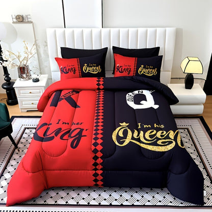 Comforter Set 3-Piece – Soft Breathable Quilt with 2 Pillowcases, Black Grey Color Block Crown Letter Print, Twin Full Queen King, 180GSM Bedroom Bedding Set