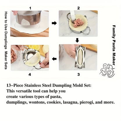 13PCS Dumpling Maker Set - Stainless Steel Ravioli Pierogi Cutter Tools with Wooden Handles
