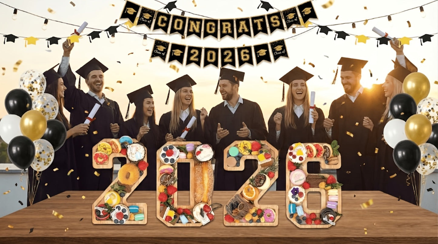 Graduation Charcuterie Board Decorations 4pcs Wooden Number Box with 14 Balloons – 2026 GRAD Fillable Party Supplies