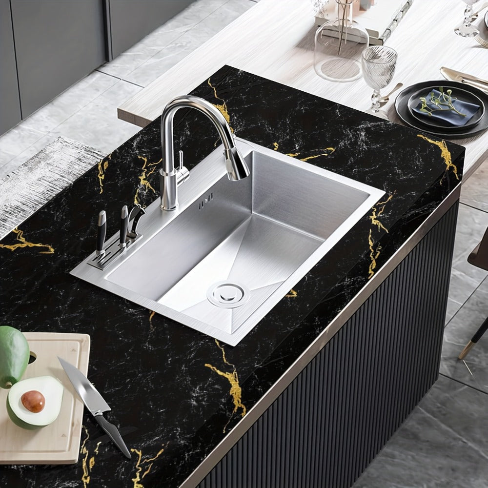 Black Marble Wallpaper Self-Adhesive Peel and Stick | Gold Vein Kitchen Backsplash Contact Paper | 23.62" x 196.85" Large Removable Wall Sticker for Modern Home Decor, Countertop & Furniture Wrap