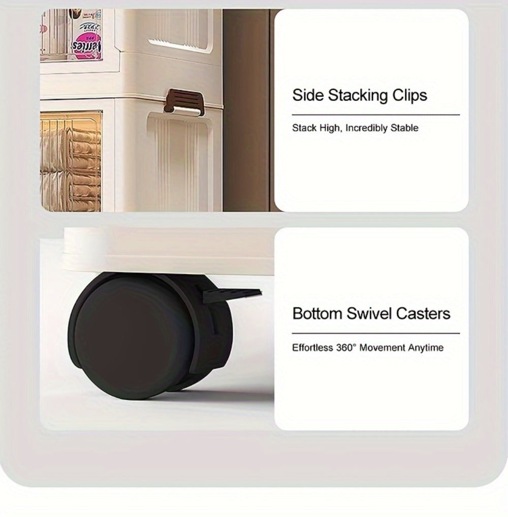 Folding Storage Cabinet with Wheels, 3/4/5-Tier Stackable Plastic Storage Bins with Lids & Magnetic Doors, Foldable Large Organizer with 360° Lockable Wheels for Home Office Kitchen Bathroom Garage