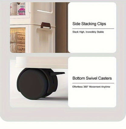 Folding Storage Cabinet with Wheels, 3/4/5-Tier Stackable Plastic Storage Bins with Lids & Magnetic Doors, Foldable Large Organizer with 360° Lockable Wheels for Home Office Kitchen Bathroom Garage