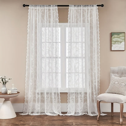 Sheer Lace Curtains 2 Panels Bohemian Floral Semi-Transparent Rod Pocket Window Curtains for Living Room Bedroom All Seasons
