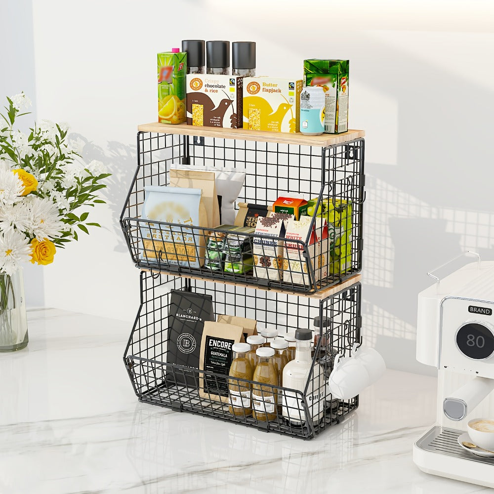 Stackable Metal Wire Fruit Basket with Lid – 1 or 2-Tier Hanging Kitchen Pantry Storage Bin, Wall-Mounted or Countertop Vegetable Organizer for Potato, Onion & Produce, Black