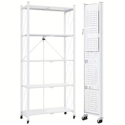 Rolling Storage Rack with Wheels 3 4 5 Tier Folding Shelving Unit No Assembly Required, Freestanding Metal Shelf Organizer for Kitchen Living Room Garage Office Basement, Black White