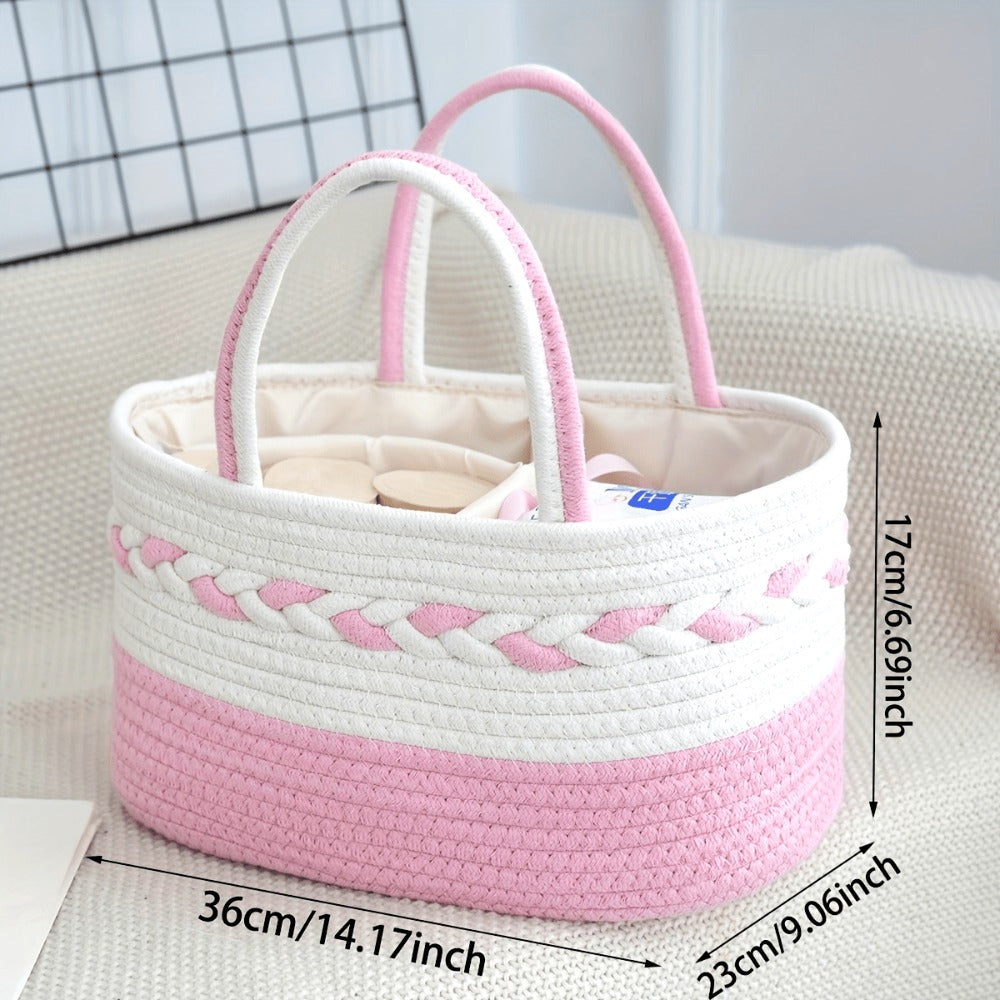 Boho Rope Storage Basket Woven Foldable Organizer 14" Large Capacity - Removable Lining Striped Shelf Basket with Handle for Home Bedroom Living Room Laundry Decor