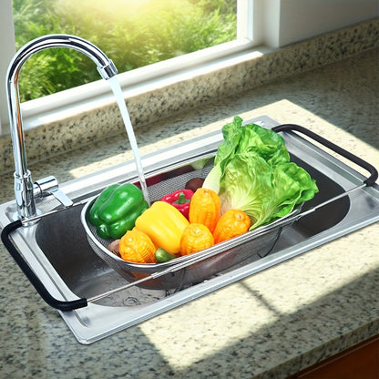 Expandable Sink Colander Stainless Steel – Over the Sink Strainer Basket with Fine Mesh & Rubber Grip, Adjustable Kitchen Drain Strainer for Vegetables, Fruits & Pasta, Small & Large Size