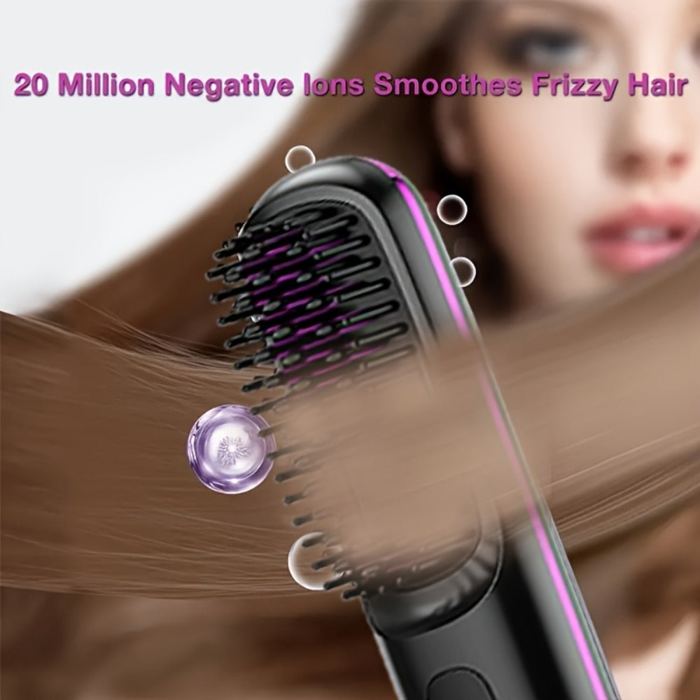 Portable Wireless Hair Straightener Comb USB Rechargeable 3-Speed Temp Control Negative Ion LED Display Lightweight for Travel