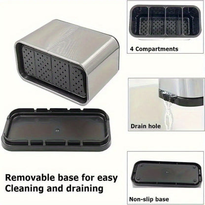 Utensil Holder Stainless Steel Cutlery Organizer 4-Compartment Countertop Caddy Anti-Slip Drain Holes for Kitchen Forks Knives Spoons Chopsticks