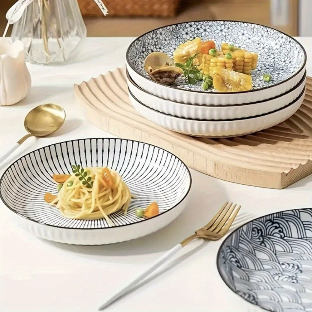 Japanese Ceramic Plates Set of 4 – Floral Yamada Pattern Dinnerware, 7-Inch Round Serving Plates with Non-Slip Edge, Underglaze Color, Nordic Style Steak & Salad Dish