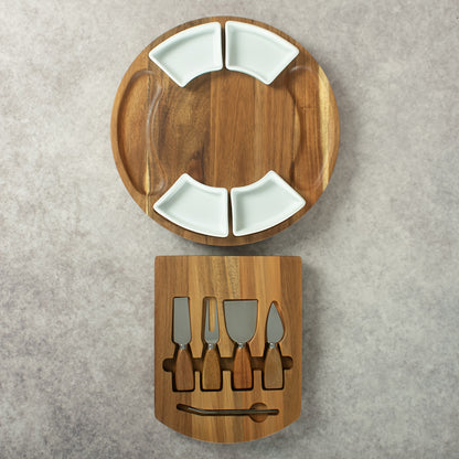 Acacia Wood Charcuterie Board Set Circular Cheese Board with Drawer Knife Set & Ceramic Bowls | Premium Serving Platter Gift Set for Housewarming Bridal Shower Wedding Birthday Women 13x13 Inch