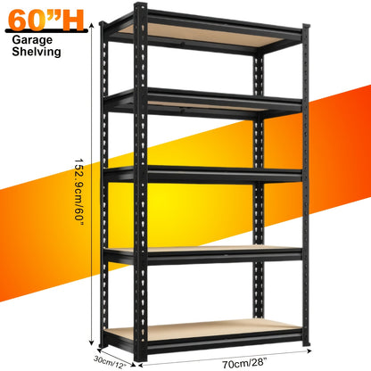 Heavy Duty Shelving Unit 5-Tier Metal Storage Shelves 2000 LBS Capacity, 60"H x 28"W x 12"D Adjustable Steel Rack for Garage, Closet, Pantry & Basement Organization, Easy Assembly Utility Shelf