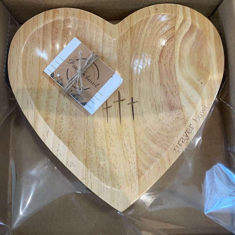 Wooden Prayer Bowl with 24 Prayer Cards – Hand-Carved Heart Shaped Cross Engraved Vintage Religious Gift Set for Easter, Christmas, Thanksgiving, Home Altar & Prayer Room Tabletop Decor