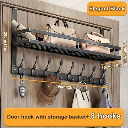 Over Door Hook Rack Metal | No Drill Behind Door Organizer with 5 6 8 Hooks for Clothes Bags Keys Towels – Space-Saving Wall Mount Storage for Bedroom Bathroom Entryway Closet