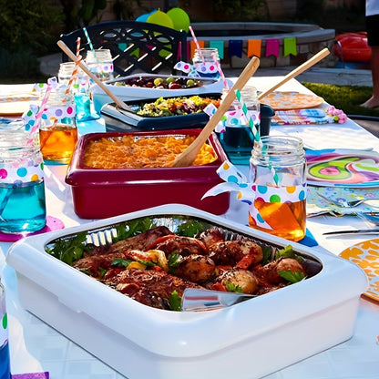 Aluminum Foil Tray with Lid - 2-in-1 Stackable BBQ Salad Serving Container for Picnic Party Kitchen, Rectangular Disposable Food Tray Black White Red