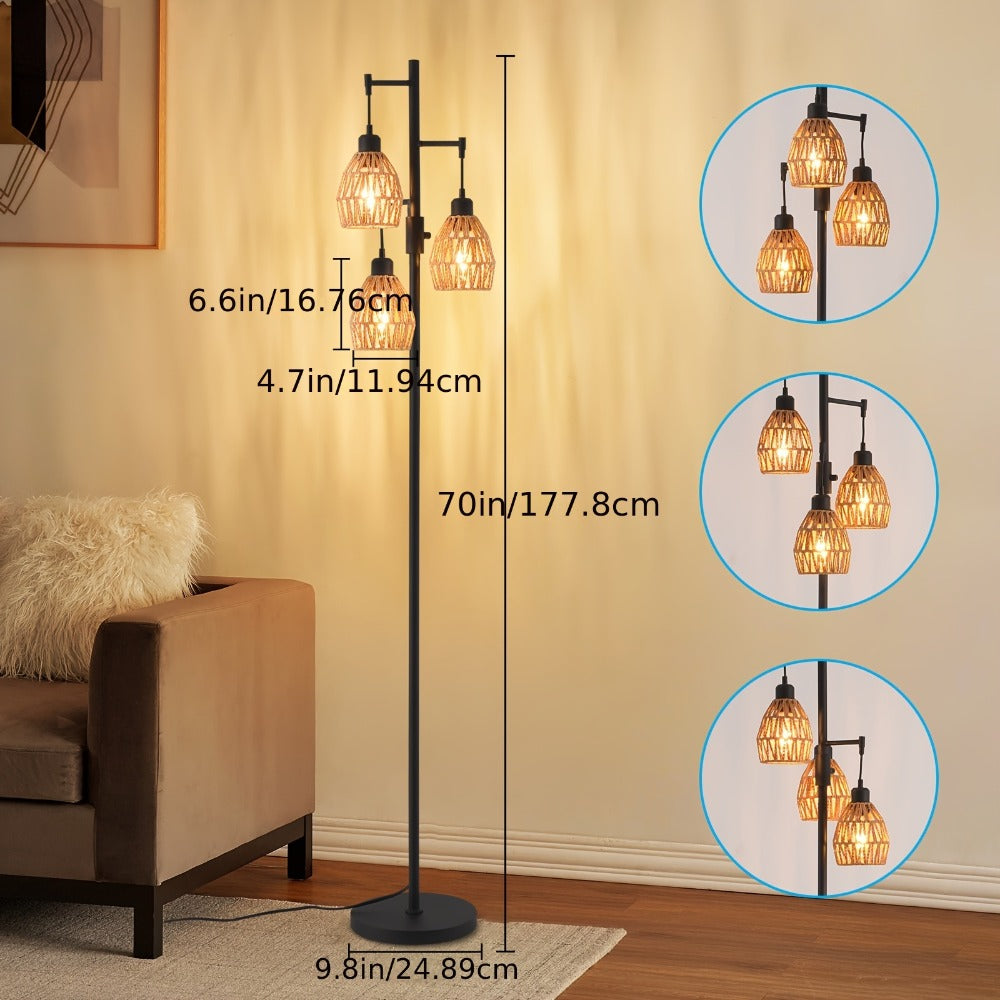 Boho Rattan Floor Lamp Dimmable – 3-Light Stepless Dimming Standing Lamp with Natural Rattan Shade & Metal Base for Living Room, Bedroom, Dining Room – Warm Bohemian Home Lighting