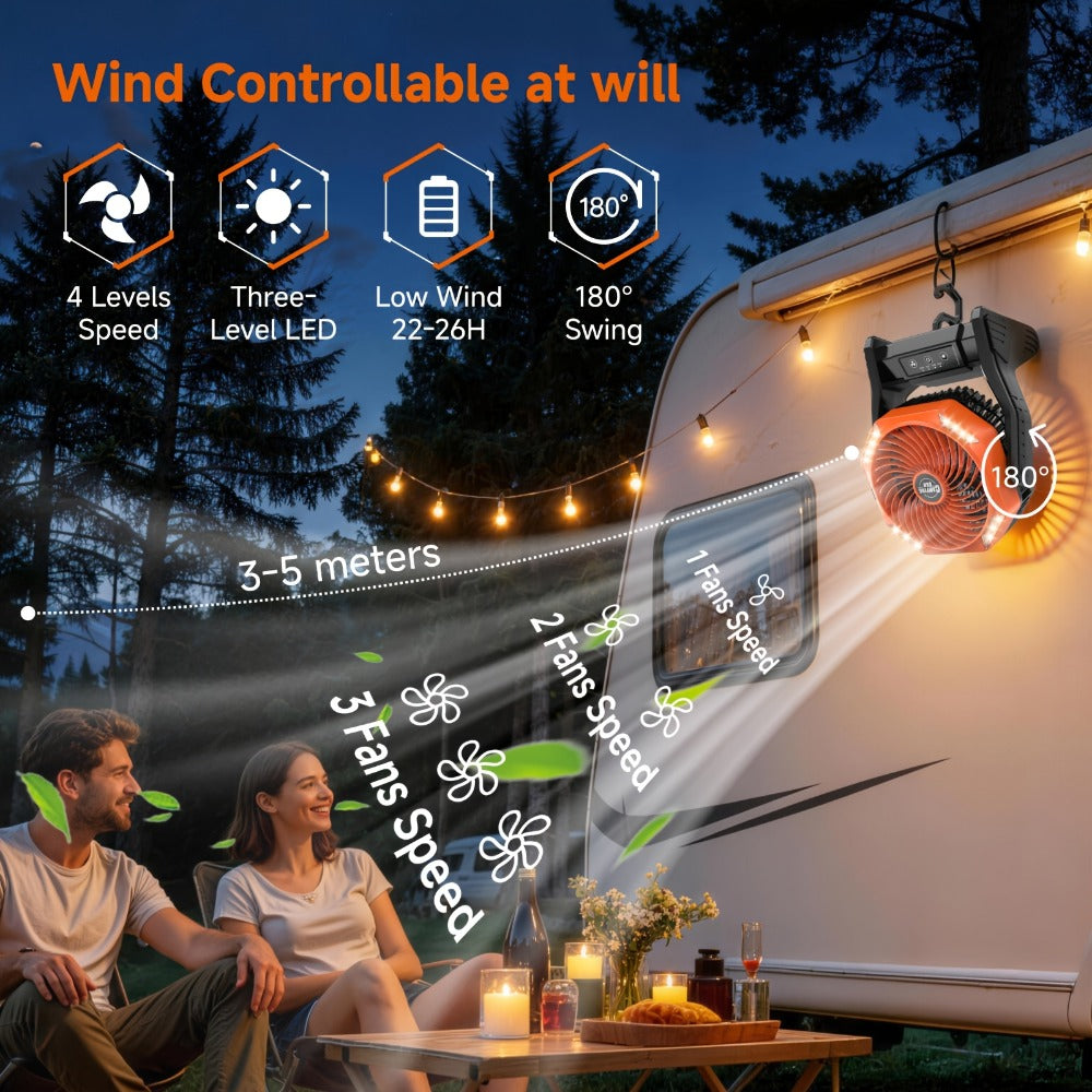 Camping Fan 20000mAh with LED Light and Brushless Motor, 4-Speed 180° Oscillating Portable Outdoor Fan, 22-26H Long Runtime Anti-Slip Base, 3-in-1 Table Fan for Camping, Hiking, Picnic and Emergency