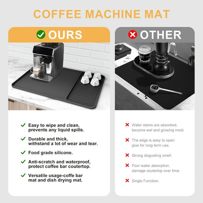 Silicone Coffee Mat with Side Pad 2-in-1, Heat-Resistant Espresso Machine Mat for Kitchen Countertop, Non-Slip Drying Mat for Coffee Bar Accessories, Easy to Clean 23.6x15.7in