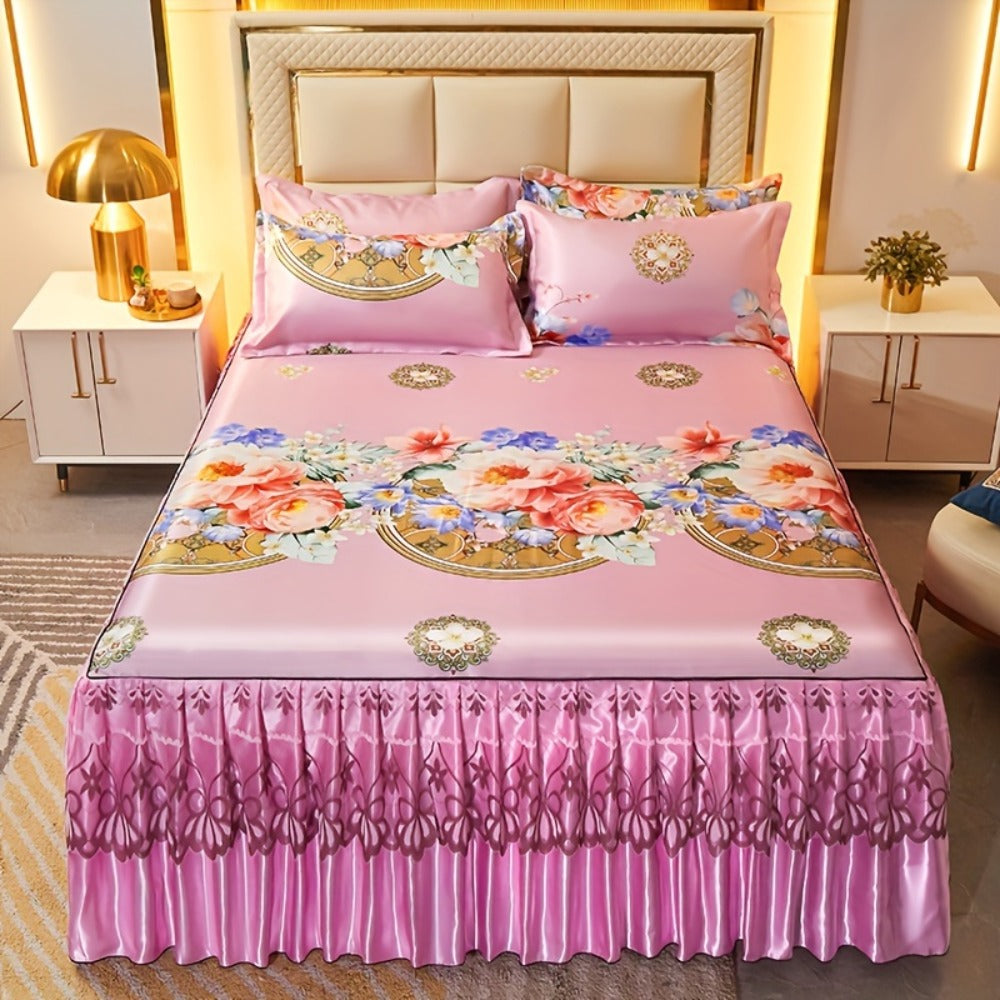 Floral Ruffle Bed Skirt Cool Mat 3 Piece Set with Pillowcase, Double Layer 360° Full Wrap Washable Cooling Mattress Cover, Breathable Summer Bedding Set for Twin Full Queen King, Parisian Romantic Floral