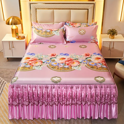 Floral Ruffle Bed Skirt Cool Mat 3 Piece Set with Pillowcase, Double Layer 360° Full Wrap Washable Cooling Mattress Cover, Breathable Summer Bedding Set for Twin Full Queen King, Parisian Romantic Floral