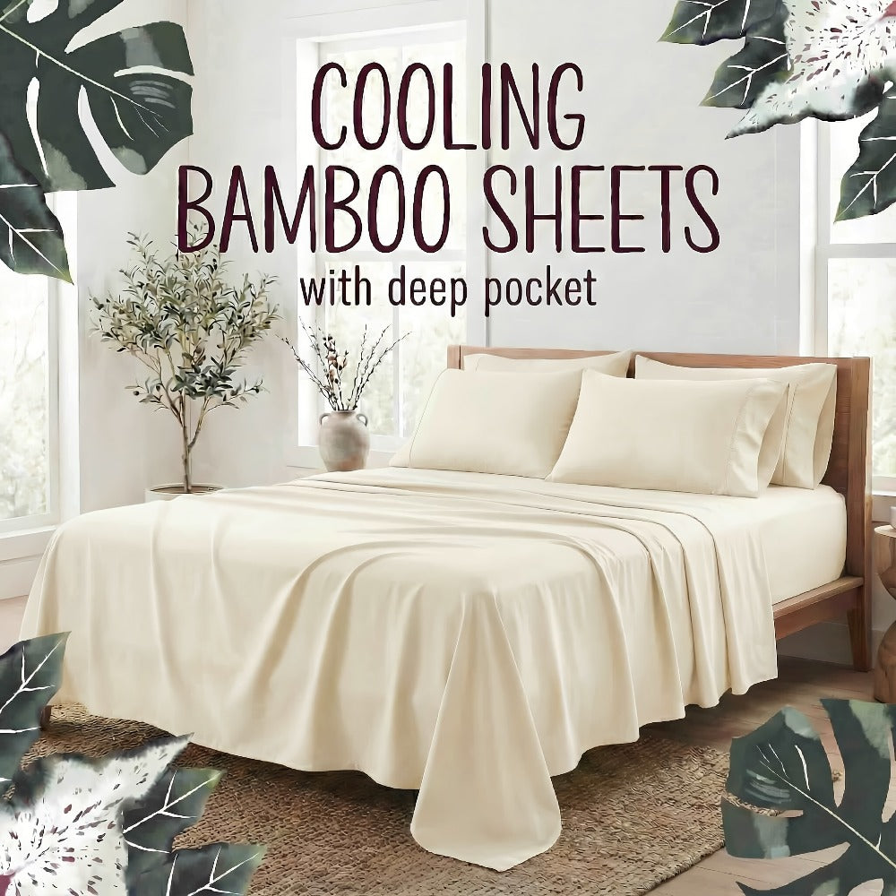 Bamboo Fiber Bed Sheet Set 4-Piece – Cooling Sheets, Hypoallergenic, Deep Pocket Fitted Sheet, Wrinkle-Free Bedding for All Seasons, Twin Full Queen King