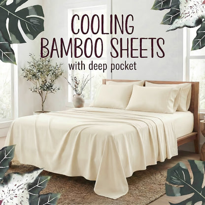 Bamboo Fiber Bed Sheet Set 4-Piece – Cooling Sheets, Hypoallergenic, Deep Pocket Fitted Sheet, Wrinkle-Free Bedding for All Seasons, Twin Full Queen King