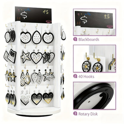 Rotating Earring Display Stand - 40-Hook Jewelry Organizer Tower, Tabletop Rack Holder with Advertising Board, Space-Saving Jewelry Storage for Earrings, Necklaces & Small Accessories