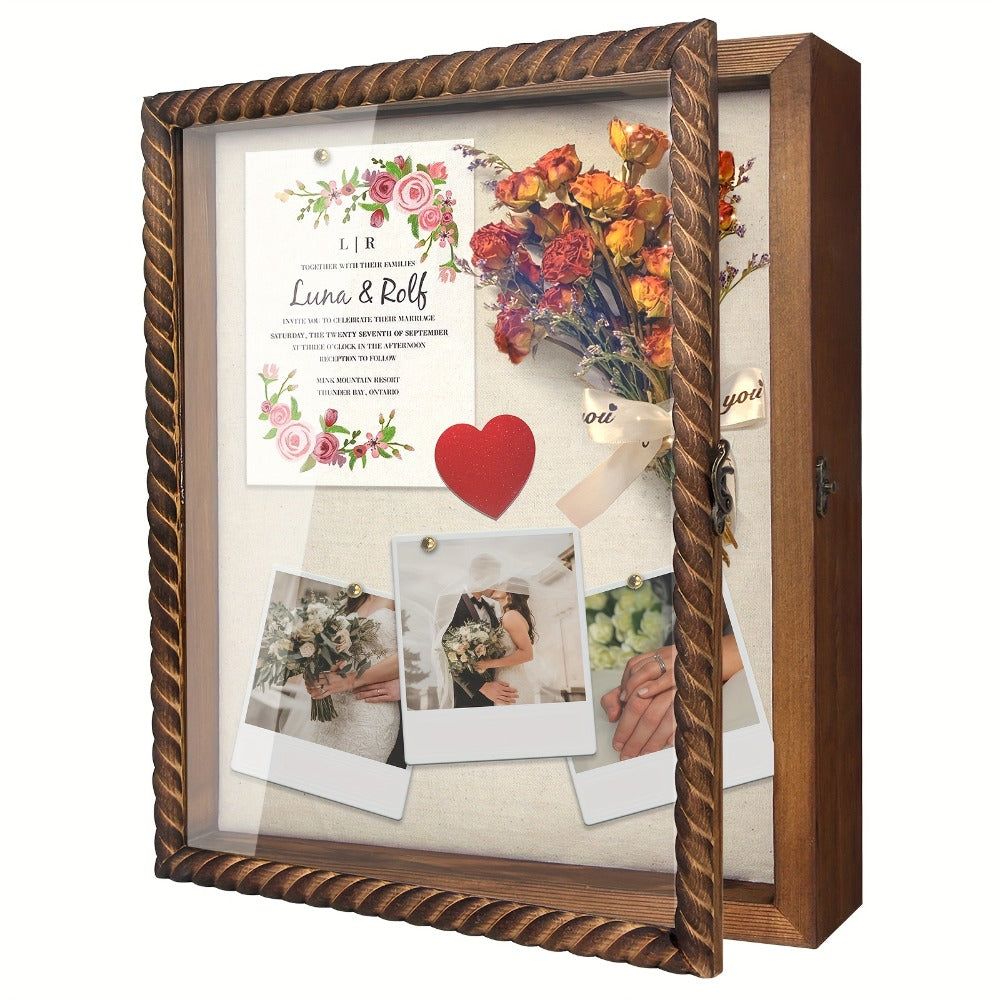 Shadow Box Frame with Linen Back – Large Rustic Memory Display Case 11x14 & 12x16 Inch for Photos, Medals, Coins, Pins, Flowers & Collectibles, 4 Removable Shelves, Black White Brown