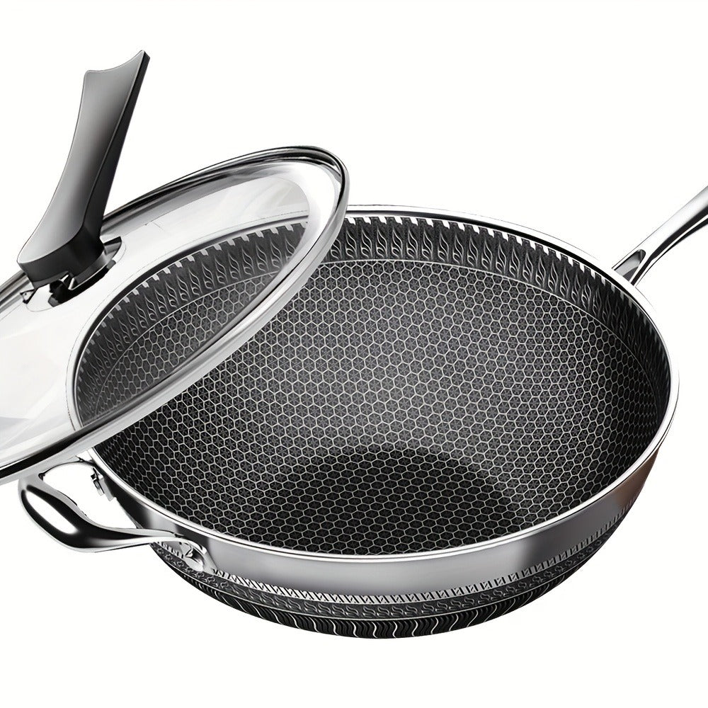 Stainless Steel Wok Set 13.3 Inch Non-stick Honeycomb Design with Lid & 2 Cookware Accessories – Induction Compatible Cooking Pan for Electric Ceramic Gas Stove, Dishwasher Safe