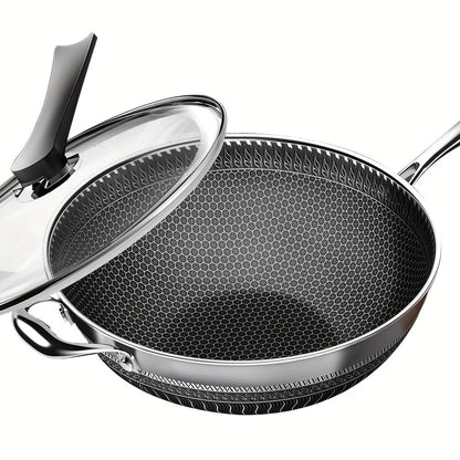 Stainless Steel Wok Set 13.3 Inch Non-stick Honeycomb Design with Lid & 2 Cookware Accessories – Induction Compatible Cooking Pan for Electric Ceramic Gas Stove, Dishwasher Safe