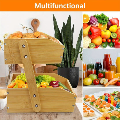 Bamboo Fruit Storage Rack 2-3 Tier with Hooks, Kitchen Counter Organizer for Fruits Vegetables Bread Spices, Freestanding Shelf Basket Display Stand