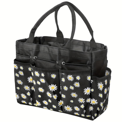 Garden Tool Bag Heavy Duty Multi-Pocket Organizer – Large Capacity Tool Storage Carrier Tote for Gardening, Lawn Care, Camping & Outdoor Work, Portable Daisy Pattern, Black & Gray (No Tools Included)