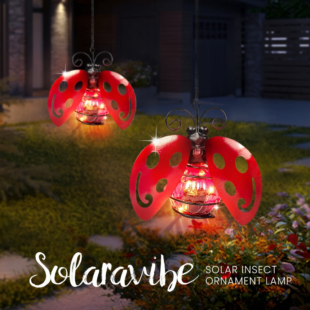 Solar Hanging Ornament Lights Ladybug & Butterfly – Waterproof Indoor Outdoor Decorative Garden Light with Spring Clips for Patio, Balcony, Porch & Trail, 5.5x2.5in