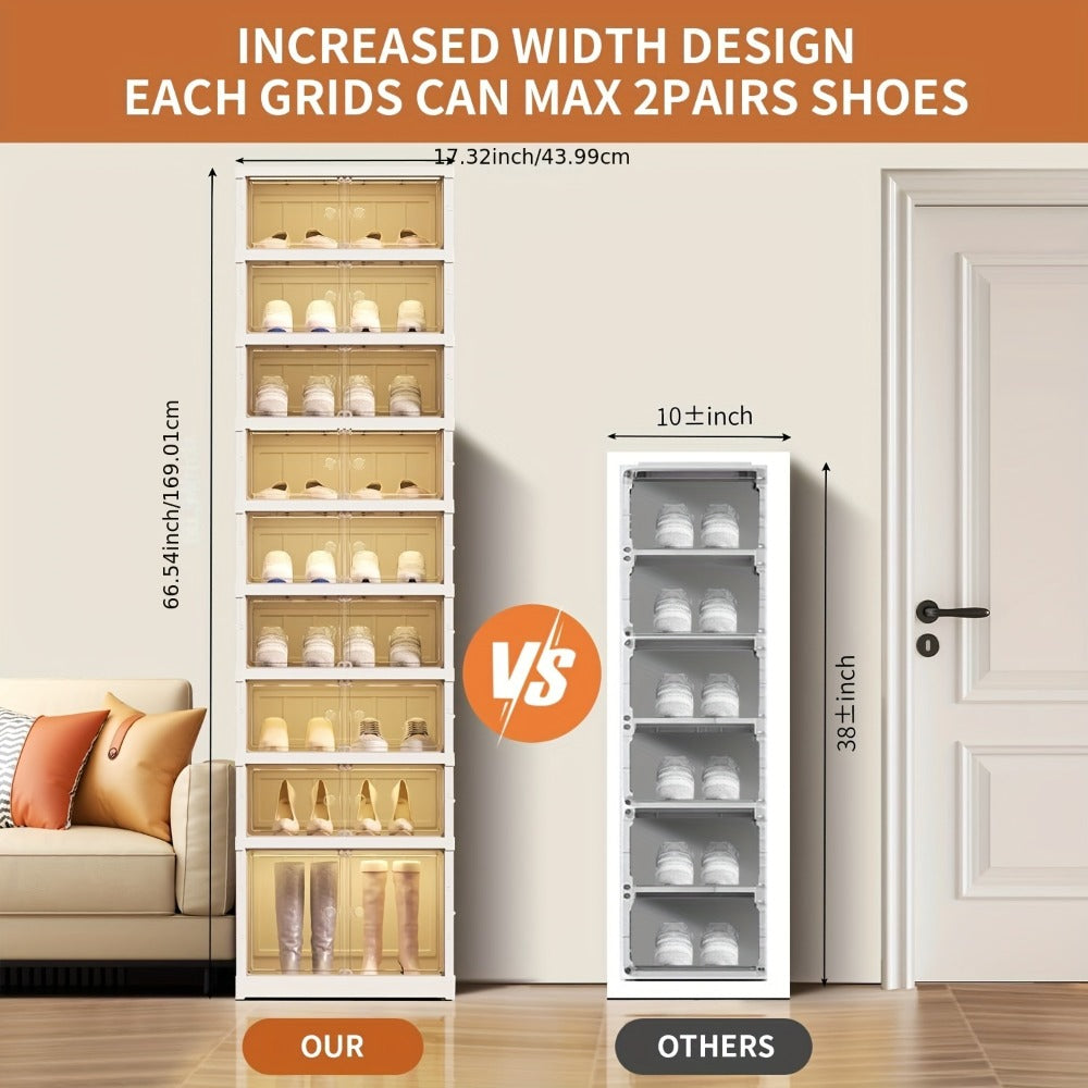 Shoe Rack Organizer 9-Tier, Collapsible Clear Plastic Foldable Stackable Shoe Cabinet with Shelves & Doors — No Assembly, Space-Saving Narrow Storage for Hallway, Apartment & Small Spaces
