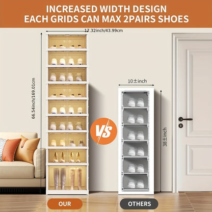 Shoe Rack Organizer 9-Tier, Collapsible Clear Plastic Foldable Stackable Shoe Cabinet with Shelves & Doors — No Assembly, Space-Saving Narrow Storage for Hallway, Apartment & Small Spaces