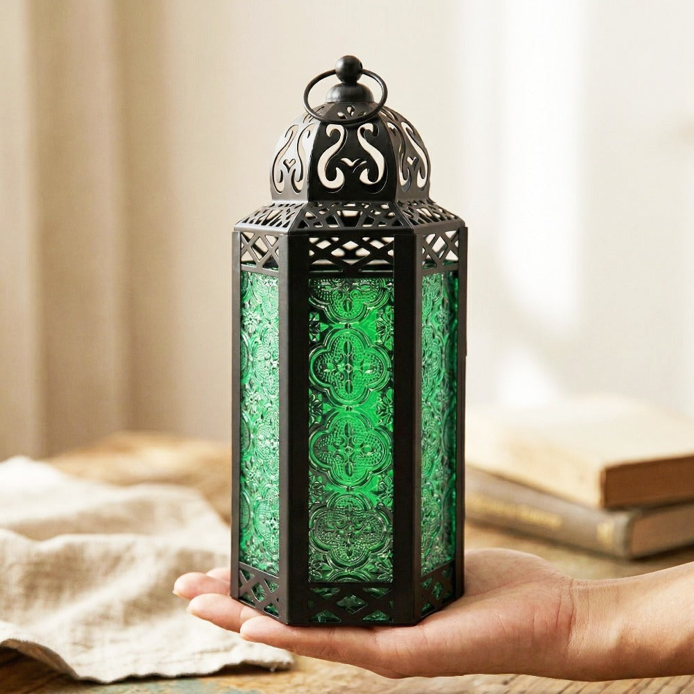 Moroccan Candle Lantern Holder - Decorative Metal & Glass Lantern with Embossed Floral Design for Indoor Home Decor, Garden, Patio, Weddings, Ramadan, Halloween & Holiday Celebrations - 10.5" Tall Medium Size