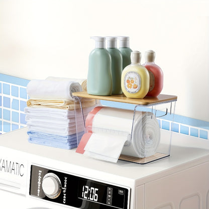 Clear Acrylic Trash Bag Dispenser Stackable with Bamboo Lid Extra Large Kitchen Organizer for Under Sink Laundry Room Pantry Holds 13 30 33 Gallon Bags 1 2 or 4 Pack