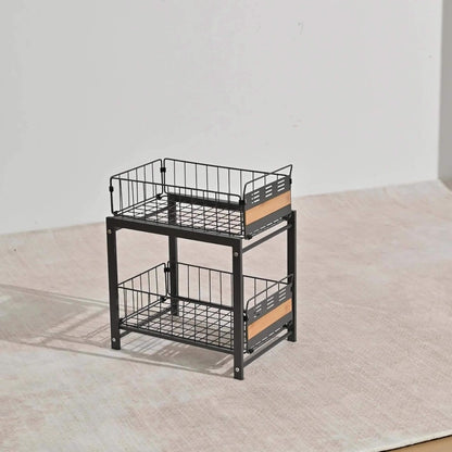 Under Sink Organizer Pull-Out Storage Rack - 2-Tier Carbon Steel Cabinet Shelf with Wire Baskets & Wood Accents, Space-Saving Kitchen Organizer for Dishes, Cleaning Supplies, Pantry, Bathroom