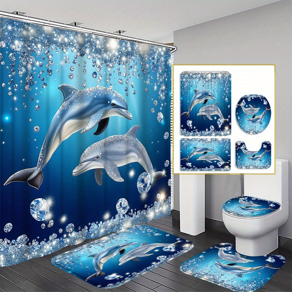 4pcs Dolphin Shower Curtain Set with Non-Slip Bath Mat, Toilet Rug & 12 Hooks – Waterproof Bathroom Decor Gift Set