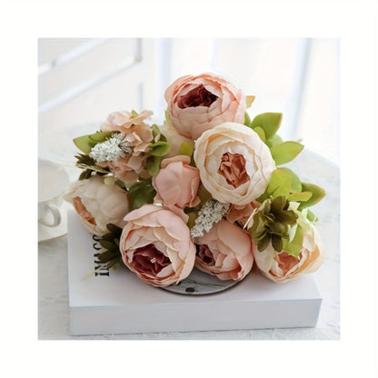 Faux Peonies Hydrangeas Artificial Flowers Vintage Silk Bouquet - Pink Green Mix Floral Centerpiece for Bridal Wedding Home Table Decor Rustic Farmhouse Arrangement