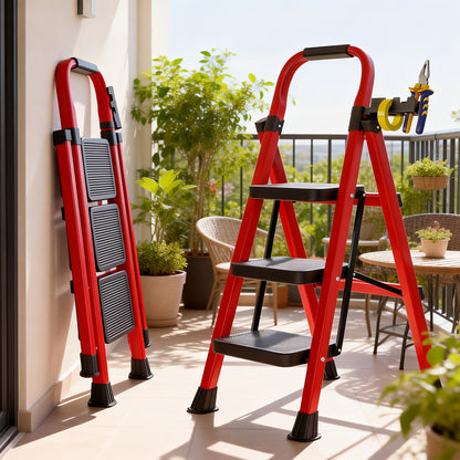 Folding Step Ladder 3 5 Step 500 lb Heavy Duty Steel Anti-Slip Wide Treads Handrail Safety Lock Portable Multi-Function Step Stool for Home Kitchen Garage Outdoor Black Red