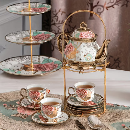 20-Piece Floral Ceramic Tea Set with Saucers & Metal Stand | European Afternoon Tea Service, Blooming Design, Complete Tea Accessories, Gift for Tea Lovers