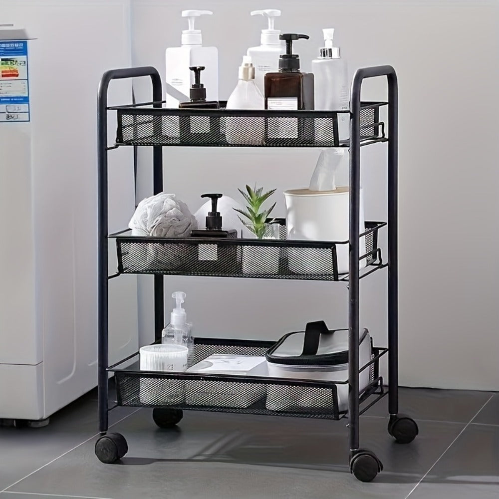 Rolling Storage Cart on Wheels – 3/4/5 Tier Carbon Steel Wire Basket Trolley, Black Metal Utility Cart for Kitchen, Bathroom, Bedroom, Office & Living Room, Space-Saving Detachable Shelving Unit