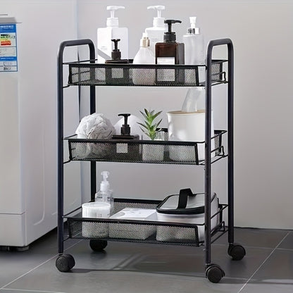 Rolling Storage Cart on Wheels – 3/4/5 Tier Carbon Steel Wire Basket Trolley, Black Metal Utility Cart for Kitchen, Bathroom, Bedroom, Office & Living Room, Space-Saving Detachable Shelving Unit