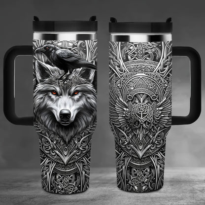 40oz Viking Tumbler with Handle - Wolf Raven Norse Mythology Celtic Knot Stainless Steel Insulated Travel Mug, Viking Gift for Men Women, Coffee Mug for Viking Lovers, Norse Mythology Gift