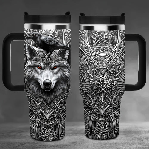 40oz Viking Tumbler with Handle - Wolf Raven Norse Mythology Celtic Knot Stainless Steel Insulated Travel Mug, Viking Gift for Men Women, Coffee Mug for Viking Lovers, Norse Mythology Gift